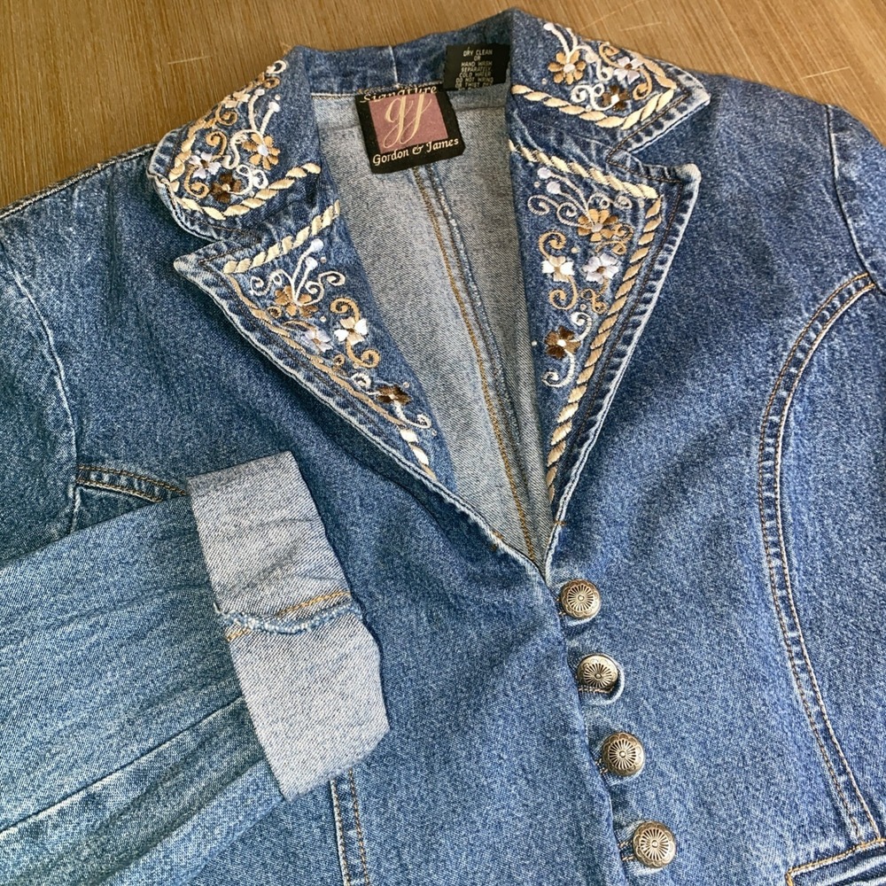 VTG Gordon & James Womens Embroidered Rhinestone Denim Blazer Med Western READ - Picture 2 of 11